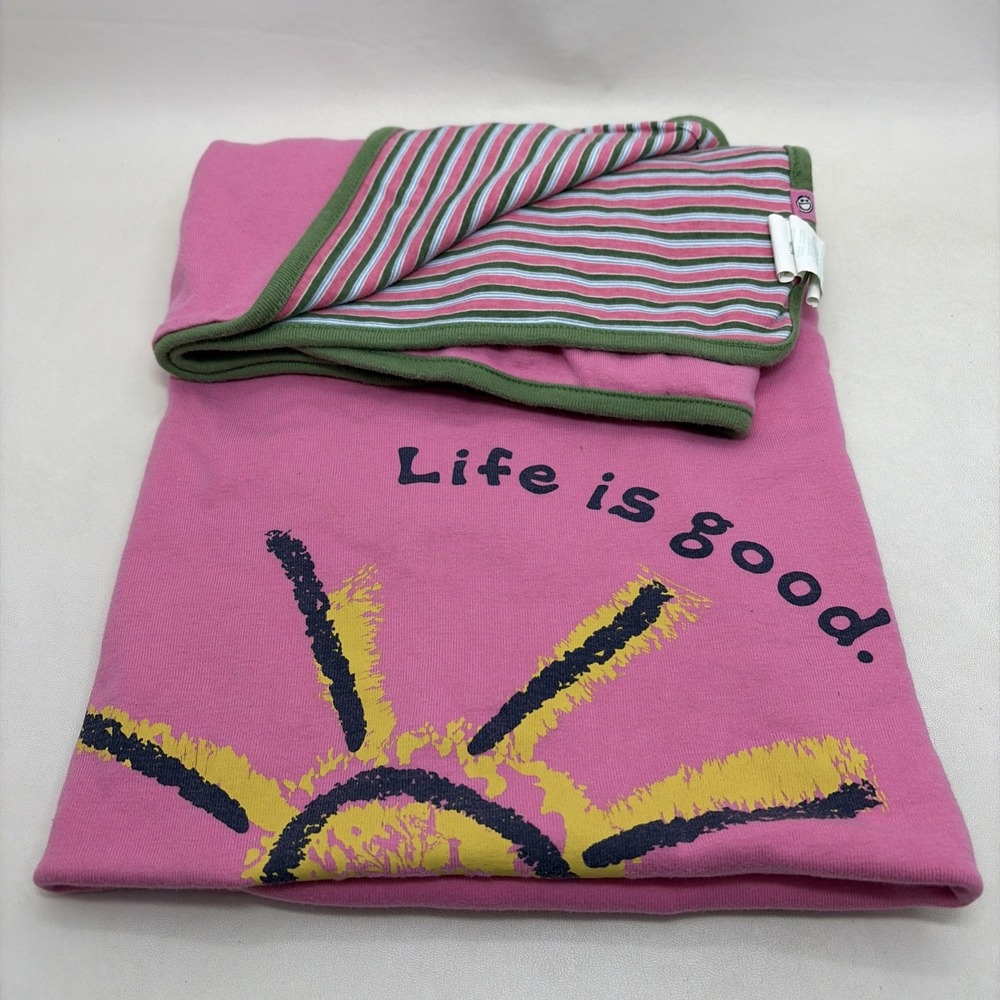 Life is Good Baby Receiving Reversible Blanket Pink Green Striped Sun Cotton